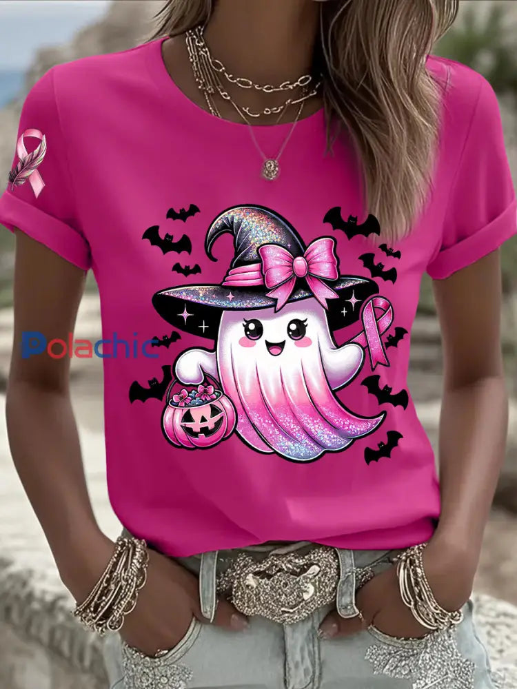 Sensibilisation au cancer du sein des femmes en octobre Nous portons un t shirt à manches courtes rose à ruban rose