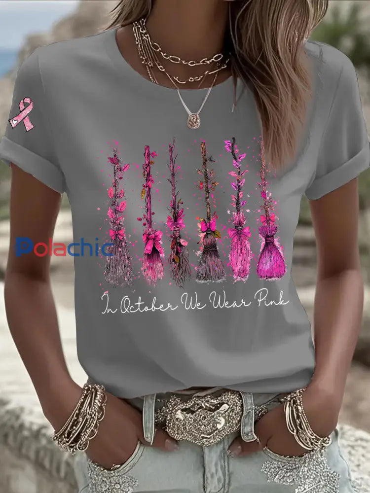 Sensibilisation au cancer du sein des femmes en octobre nous portons un t shirt décontracté imprimé rose Gris / S