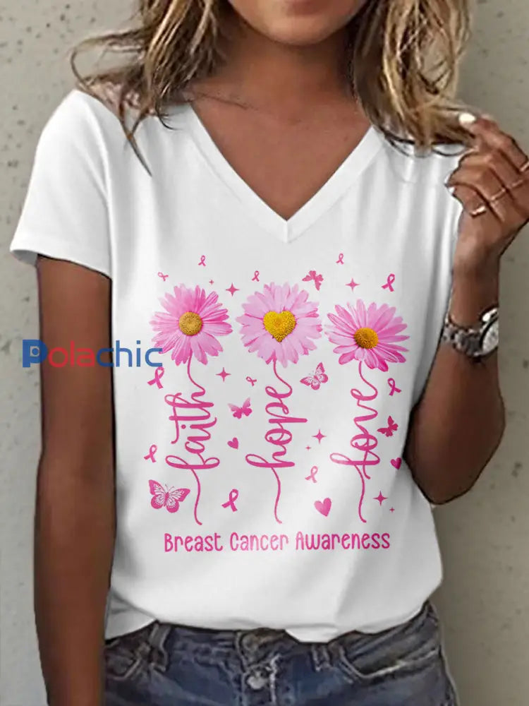 Sensibilisation au cancer du sein des femmes foi espoir amour imprimer v-Neck T-Shirt Blanc / S