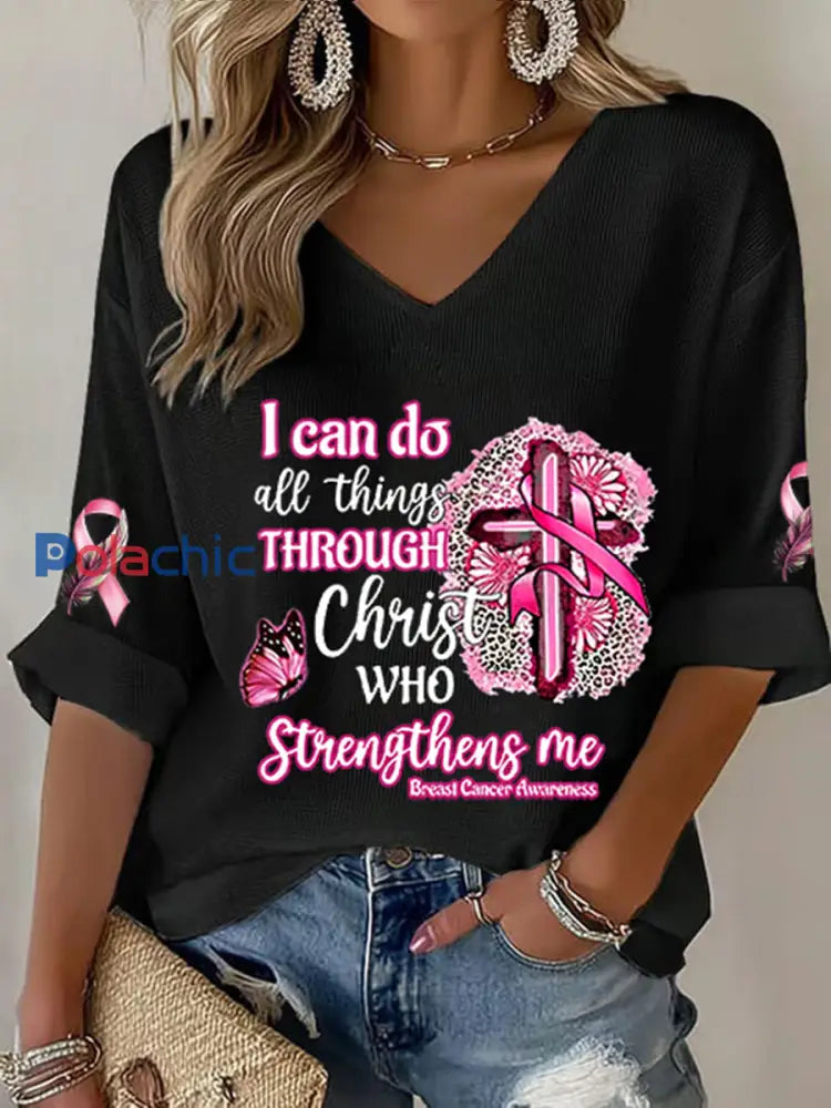 Sensibilisation au cancer du sein des femmes Je peux faire toutes les choses à travers le Christ T shirt gaufré ruban