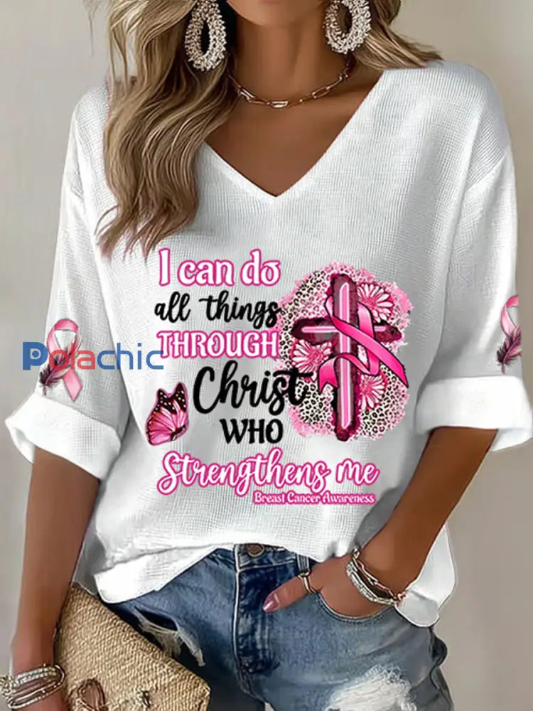 Sensibilisation au cancer du sein des femmes Je peux faire toutes les choses à travers le Christ T shirt gaufré ruban