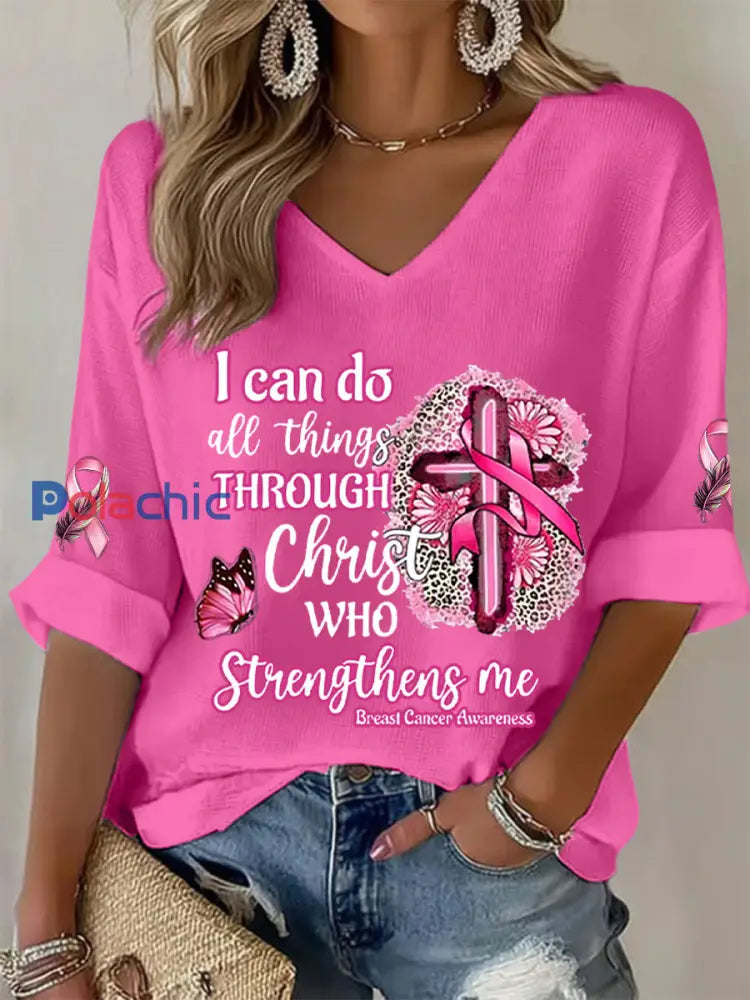 Sensibilisation au cancer du sein des femmes Je peux faire toutes les choses à travers le Christ T shirt gaufré ruban