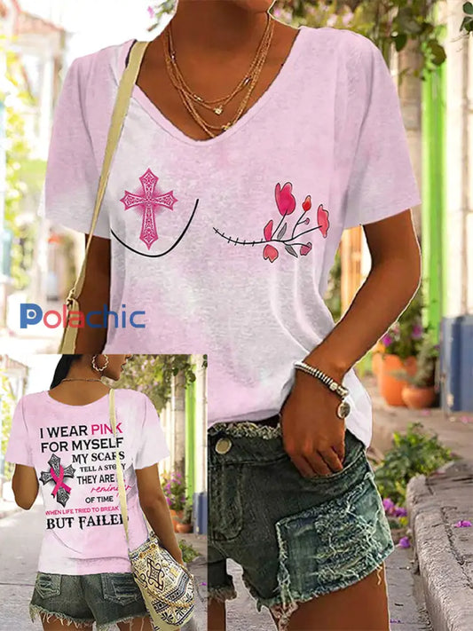 Sensibilisation au cancer du sein des femmes je porte rose pour moi même Imprimer T shirt décontracté Rose / S
