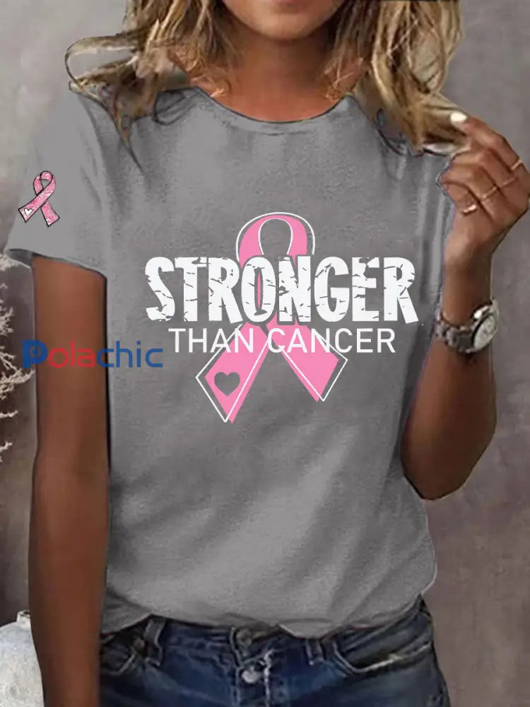 Sensibilisation au cancer du sein des femmes Plus fort que le cancer T-shirt imprimé gris clair / S