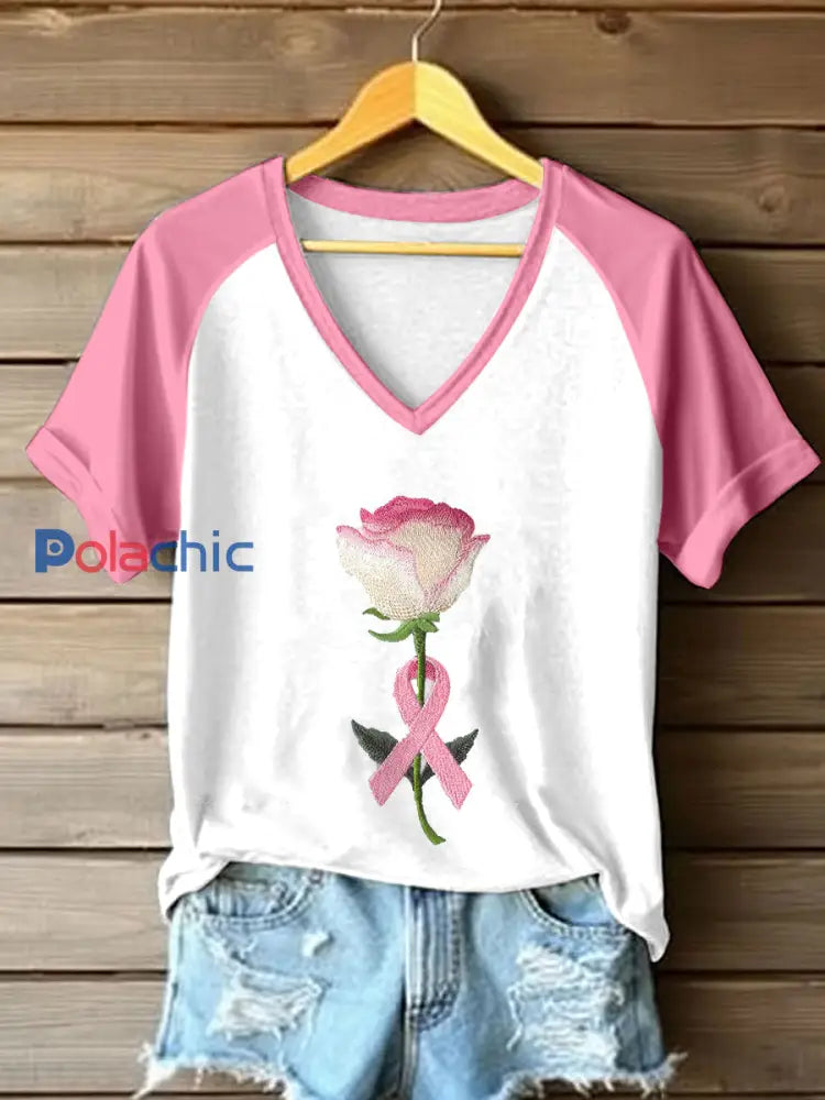 Sensibilisation au cancer du sein des femmes rose ruban brodé T-shirt Rose / S