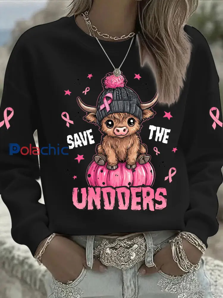 Sensibilisation au cancer du sein des femmes rose ruban imprimé Sweat-shirt décontracté Noir / S