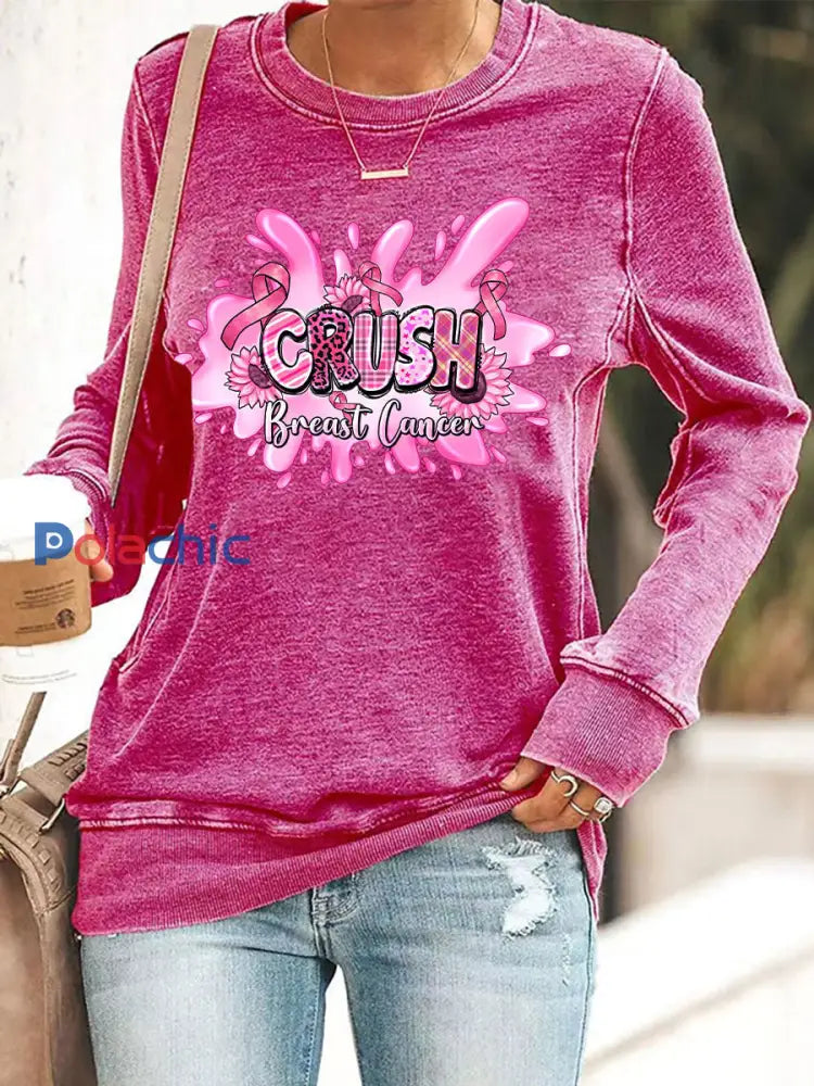 Sensibilisation au cancer du sein des femmes rose ruban imprimé Sweat shirt décontracté Rose Rouge / S