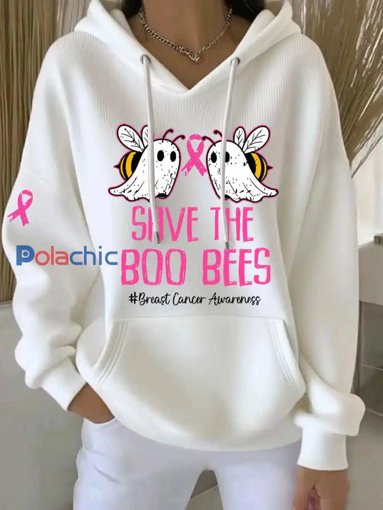 Sensibilisation au cancer du sein des femmes Save The Boo Bees Imprimé Casual Hoodie Blanc / S