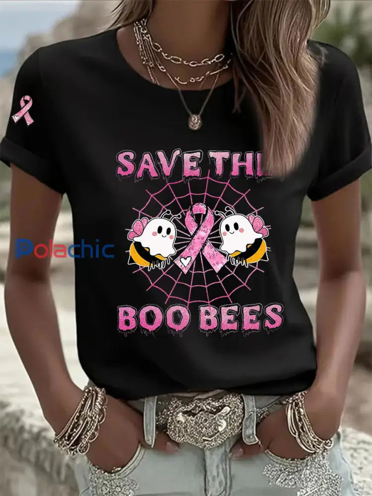 Sensibilisation au cancer du sein des femmes Save The Boo Bees Imprimer T shirt décontracté Noir / S