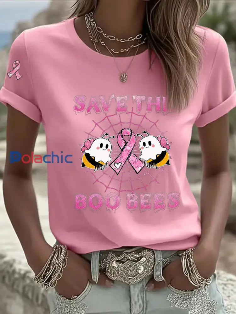 Sensibilisation au cancer du sein des femmes Save The Boo Bees Imprimer T shirt décontracté Rose / S