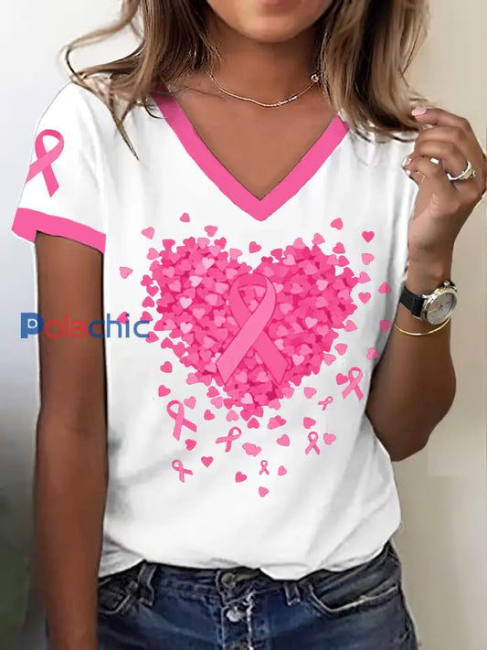 Sensibilisation au cancer du sein des femmes T-shirt imprimé ruban de coeur Rose Clair / S