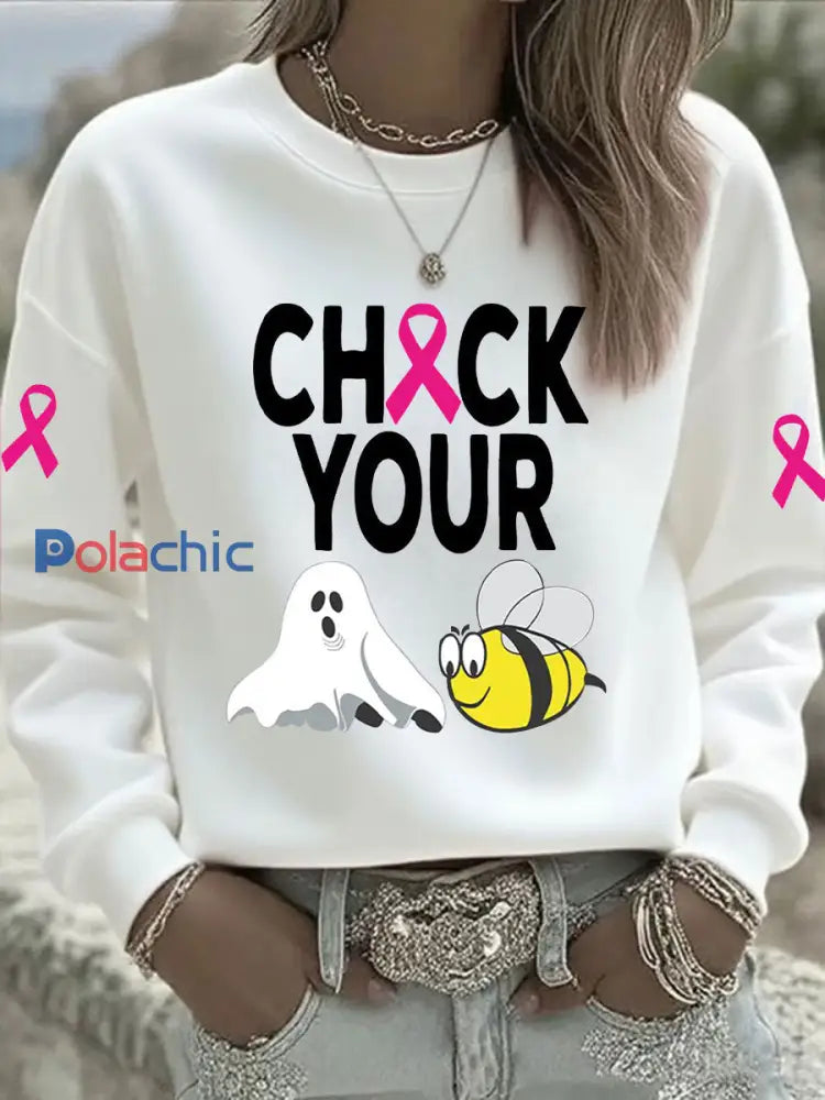 Sensibilisation au cancer du sein des femmes Vérifiez votre Boo Bees Imprimé Sweat shirt décontracté Blanc / S