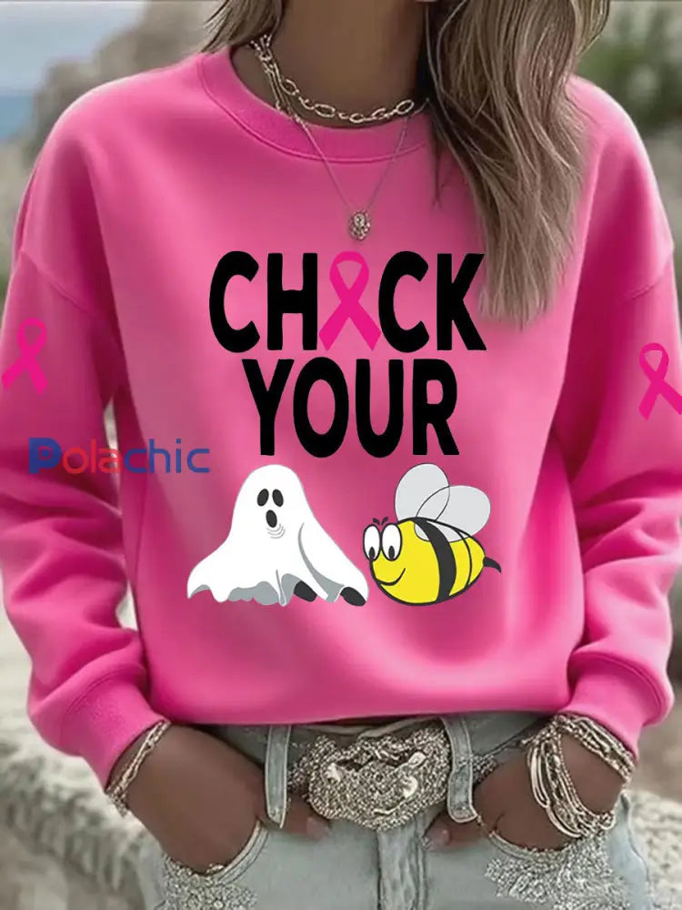 Sensibilisation au cancer du sein des femmes Vérifiez votre Boo Bees Imprimé Sweat shirt décontracté Rose Rouge / S