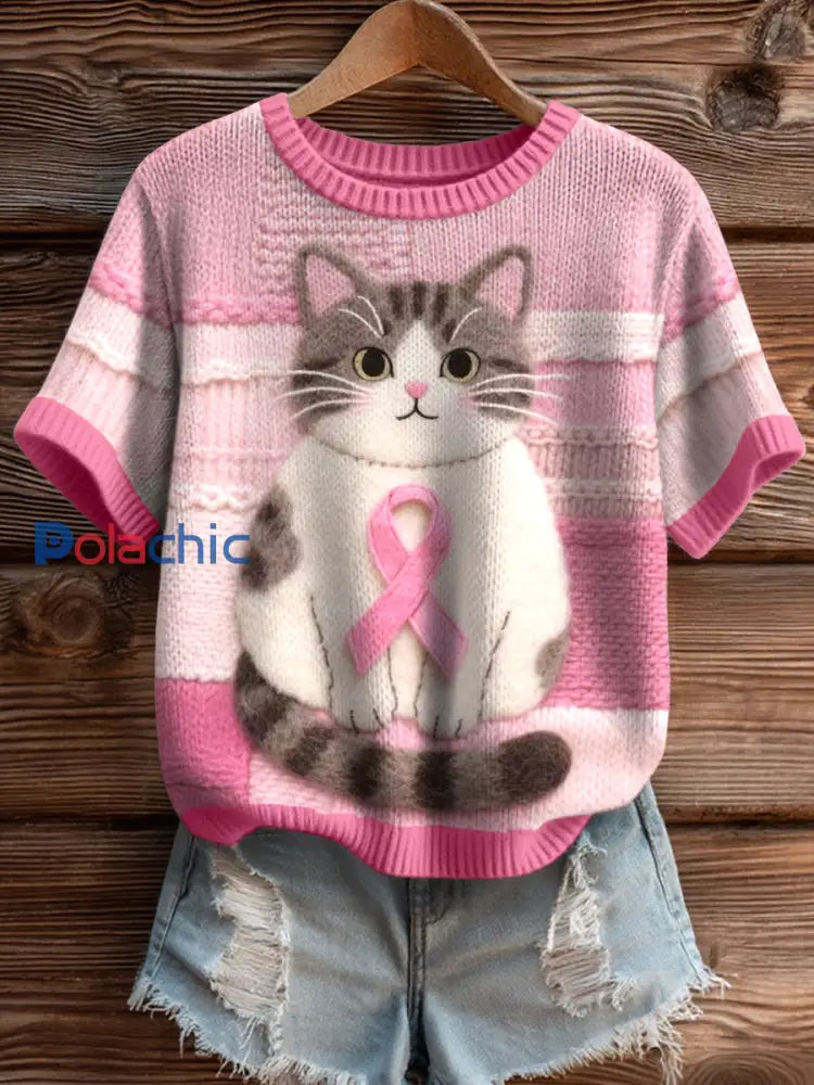 Sensibilisation au cancer du sein inspiré chat feutre Art tricot Top des femmes comme image / S
