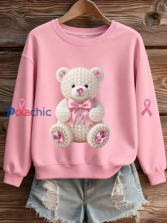 Sensibilisation au cancer du sein Pearl Bear ruban imprimé tricot ras du cou manches longues Sweatshirt femmes Rose / S