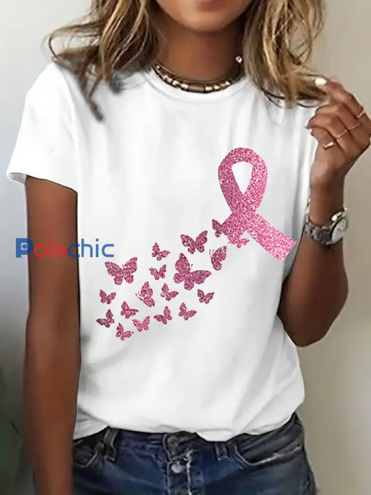 Sensibilisation au cancer du sein pour femmes T-shirt décontracté imprimé ruban rose blanc / S