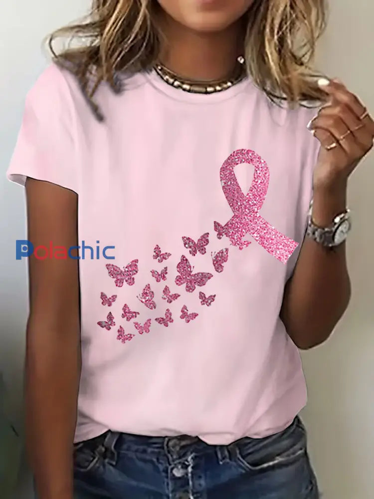 Sensibilisation au cancer du sein pour femmes T-shirt décontracté imprimé ruban rose rose clair / S