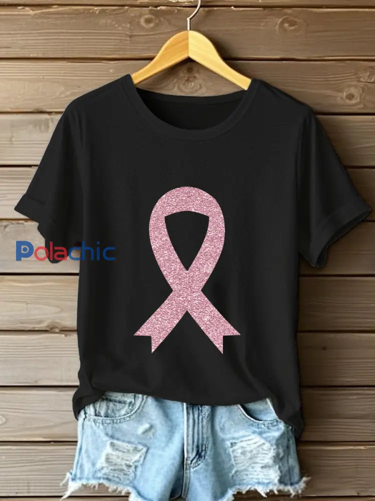 Sensibilisation au cancer du sein pour femmes T-shirt décontracté imprimé ruban rose noir / S