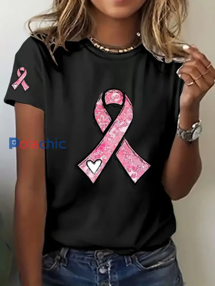 Sensibilisation au cancer du sein pour femmes T-shirt décontracté imprimé ruban rose Noir / S