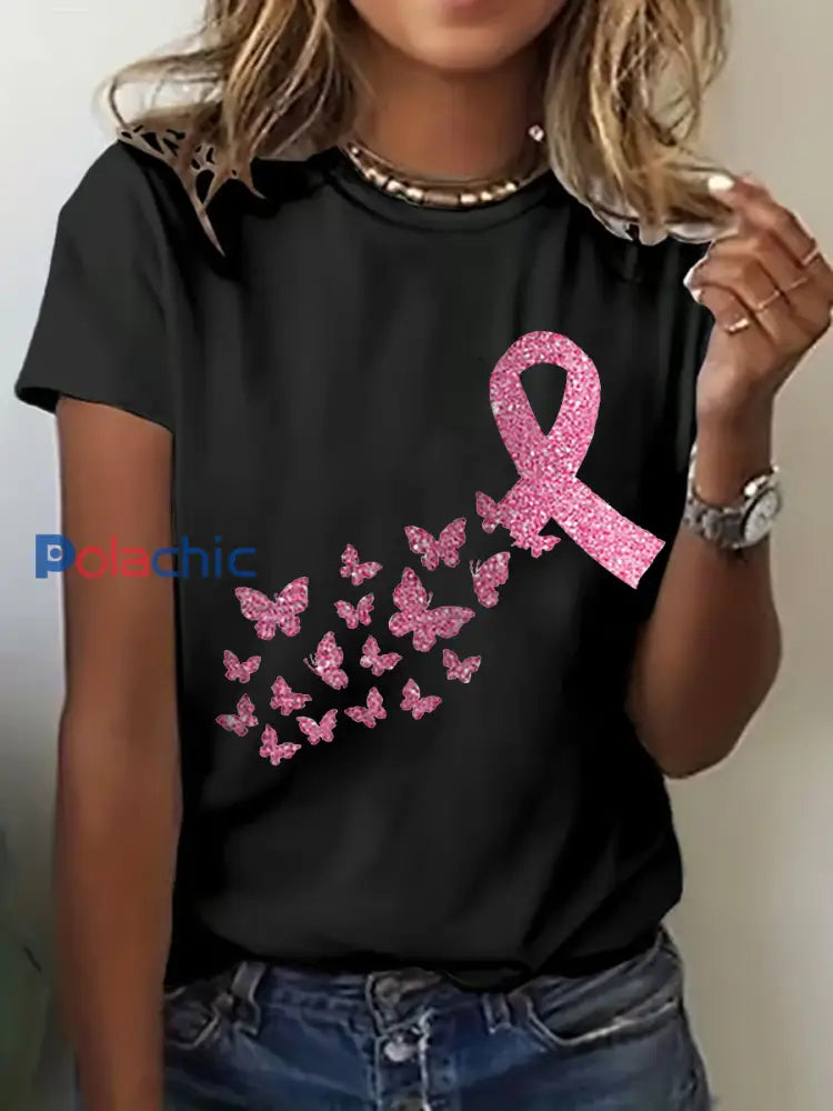 Sensibilisation au cancer du sein pour femmes T-shirt décontracté imprimé ruban rose noir / S