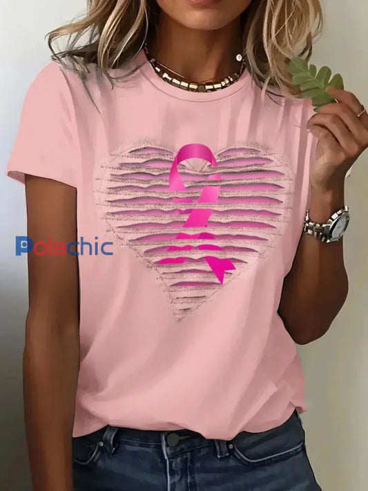 Sensibilisation au cancer du sein pour femmes T-shirt décontracté imprimé ruban rose Rose / S