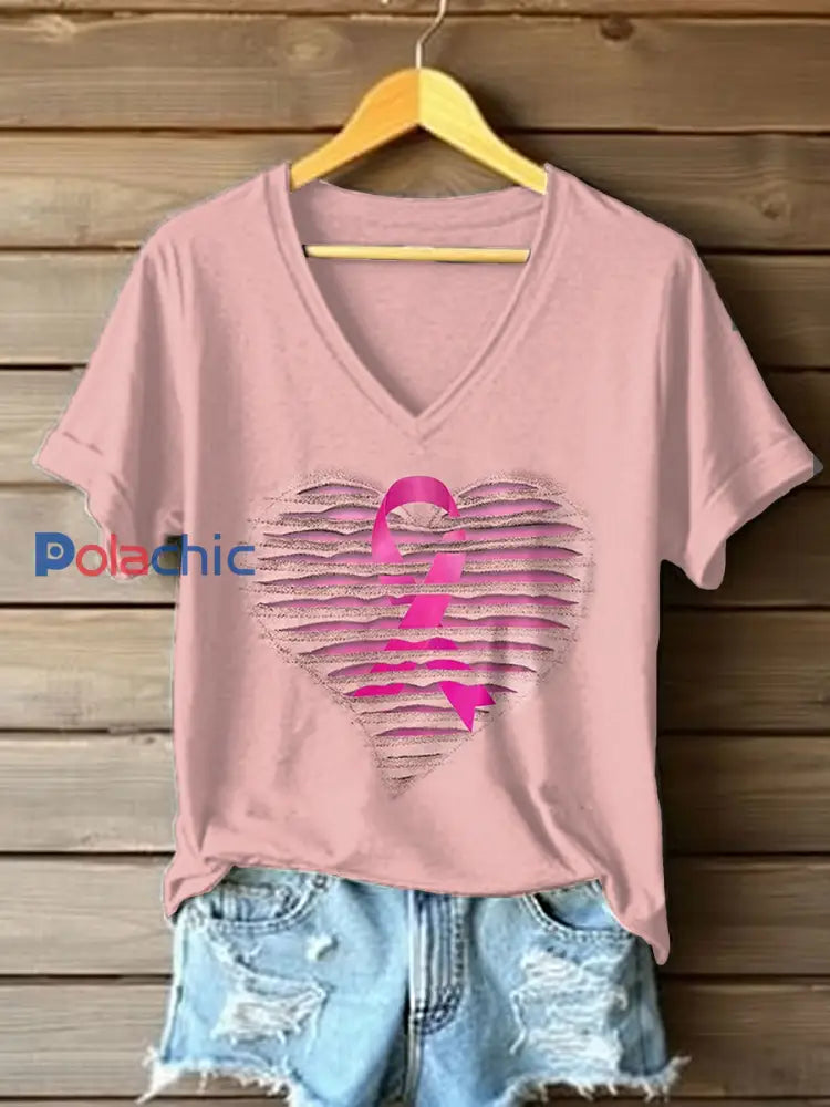 Sensibilisation au cancer du sein pour femmes T-shirt décontracté imprimé ruban rose Rose / S