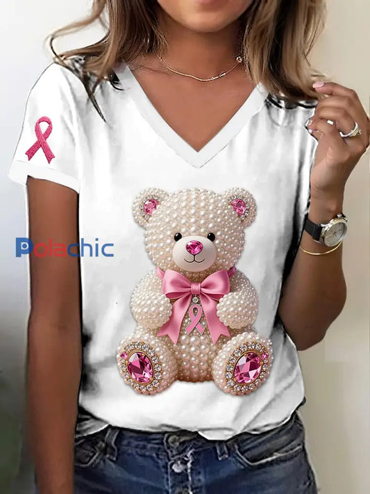 Sensibilisation au cancer du sein rétro T-shirt à manches courtes imprimé ours perle Blanc / S