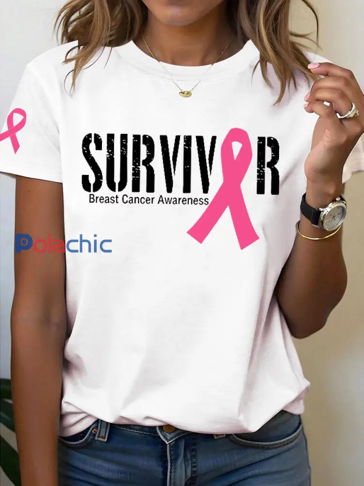 Sensibilisation au cancer du sein Survivor T-shirt imprimé femmes blanc / S