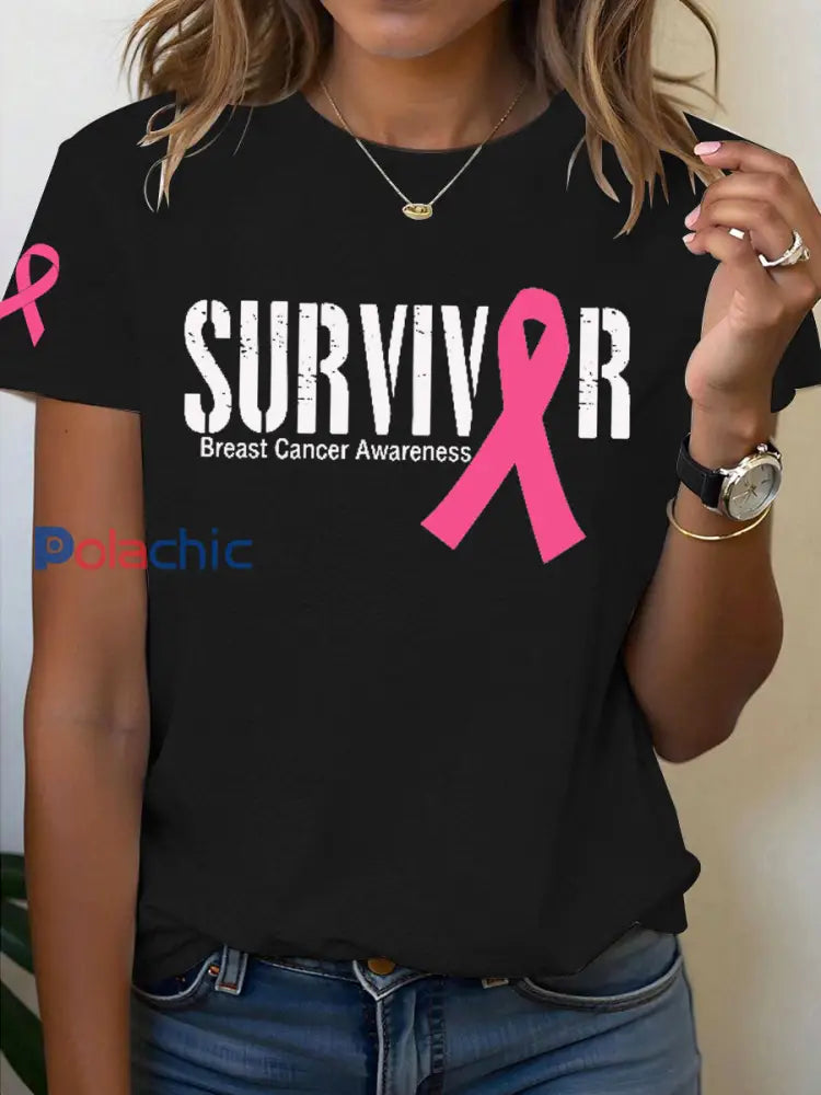 Sensibilisation au cancer du sein Survivor T-shirt imprimé femmes noir / S