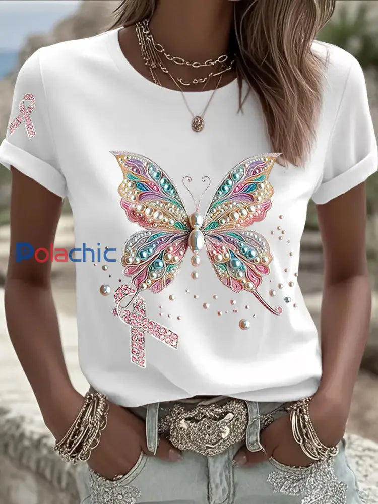 Sensibilisation au cancer du sein T shirt décontracté à imprimé ruban rose pour femmes Blanc / S