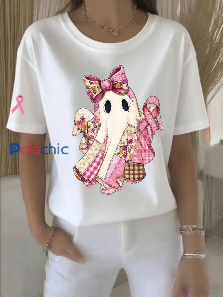 Sensibilisation au cancer du sein T-shirt décontracté à imprimé ruban rose pour femmes Blanc / S