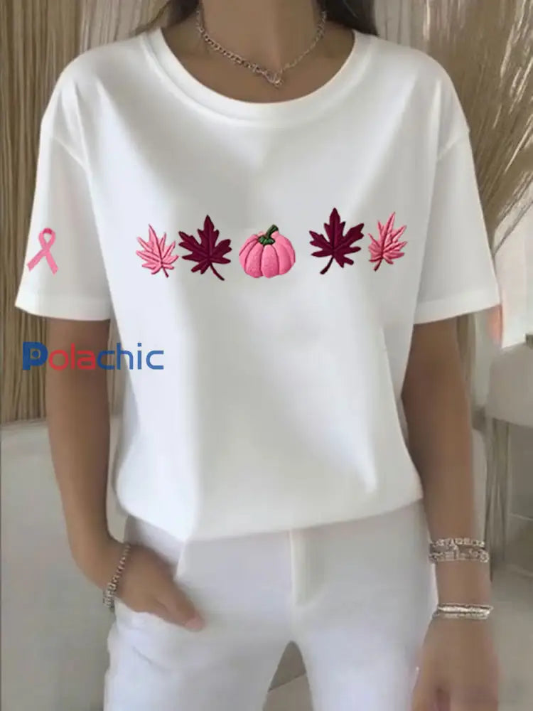 Sensibilisation au cancer du sein T-shirt décontracté à imprimé ruban rose pour femmes Blanc / S