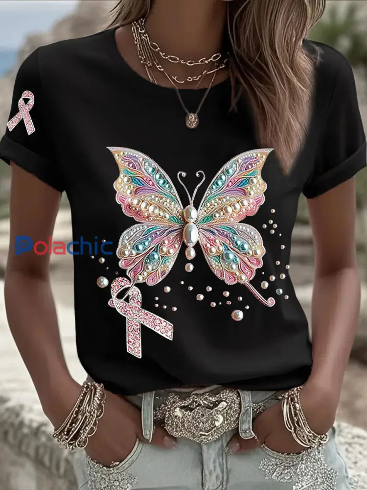 Sensibilisation au cancer du sein T shirt décontracté à imprimé ruban rose pour femmes Noir / S