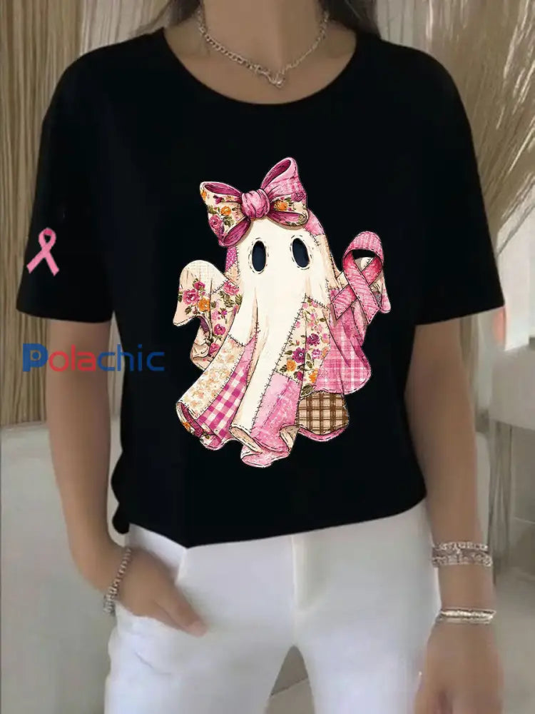 Sensibilisation au cancer du sein T-shirt décontracté à imprimé ruban rose pour femmes Noir / S