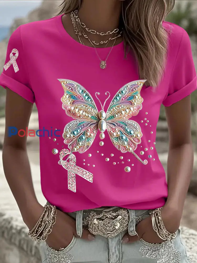 Sensibilisation au cancer du sein T shirt décontracté à imprimé ruban rose pour femmes Rose Rouge / S
