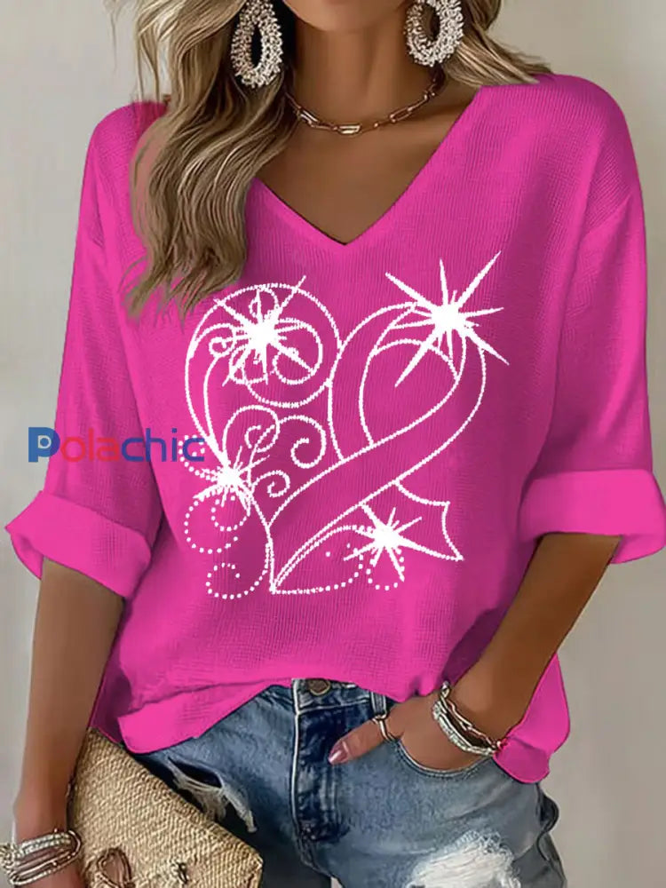 Sensibilisation au cancer du sein T-shirt décontracté à imprimé ruban rose pour femmes Rose Rouge / S