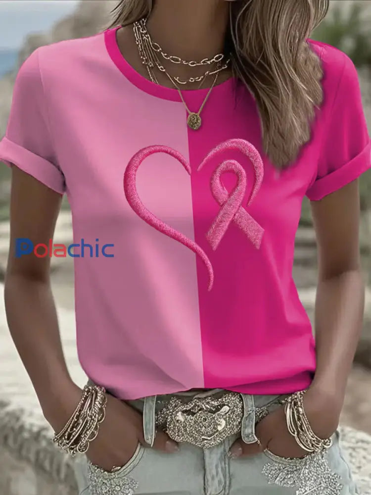 Sensibilisation au cancer du sein T shirt décontracté à imprimé ruban rose pour femmes Rose / S