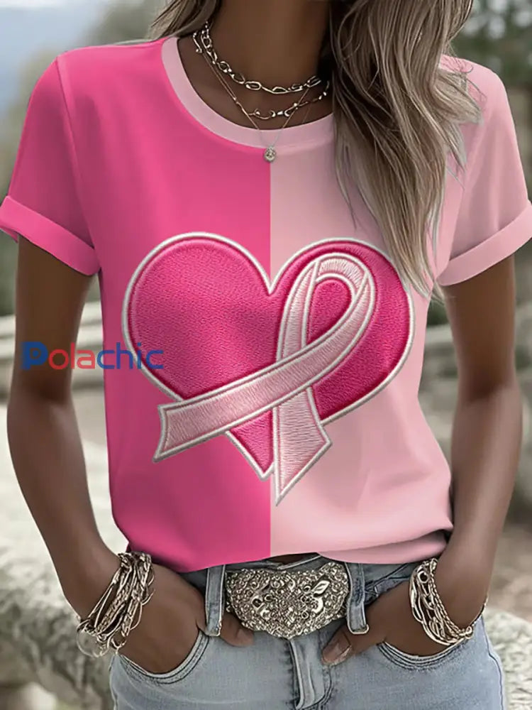 Sensibilisation au cancer du sein T shirt décontracté à imprimé ruban rose pour femmes Rose / S