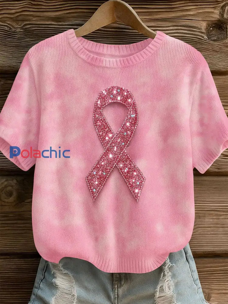 Sensibilisation au cancer du sein T-shirt décontracté à imprimé ruban rose pour femmes Rose / S