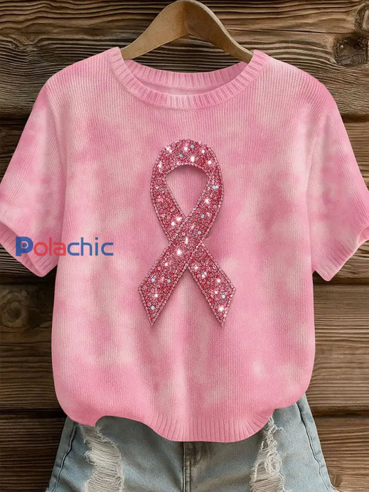 Sensibilisation au cancer du sein T-shirt décontracté à imprimé ruban rose pour femmes Rose / S