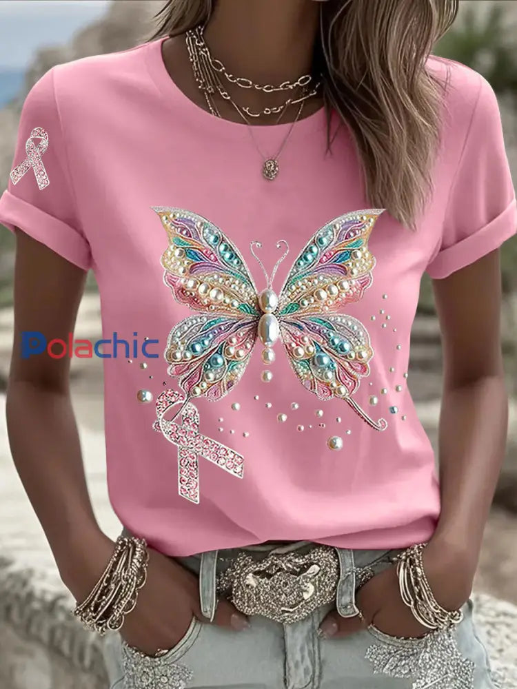 Sensibilisation au cancer du sein T shirt décontracté à imprimé ruban rose pour femmes Rose / S