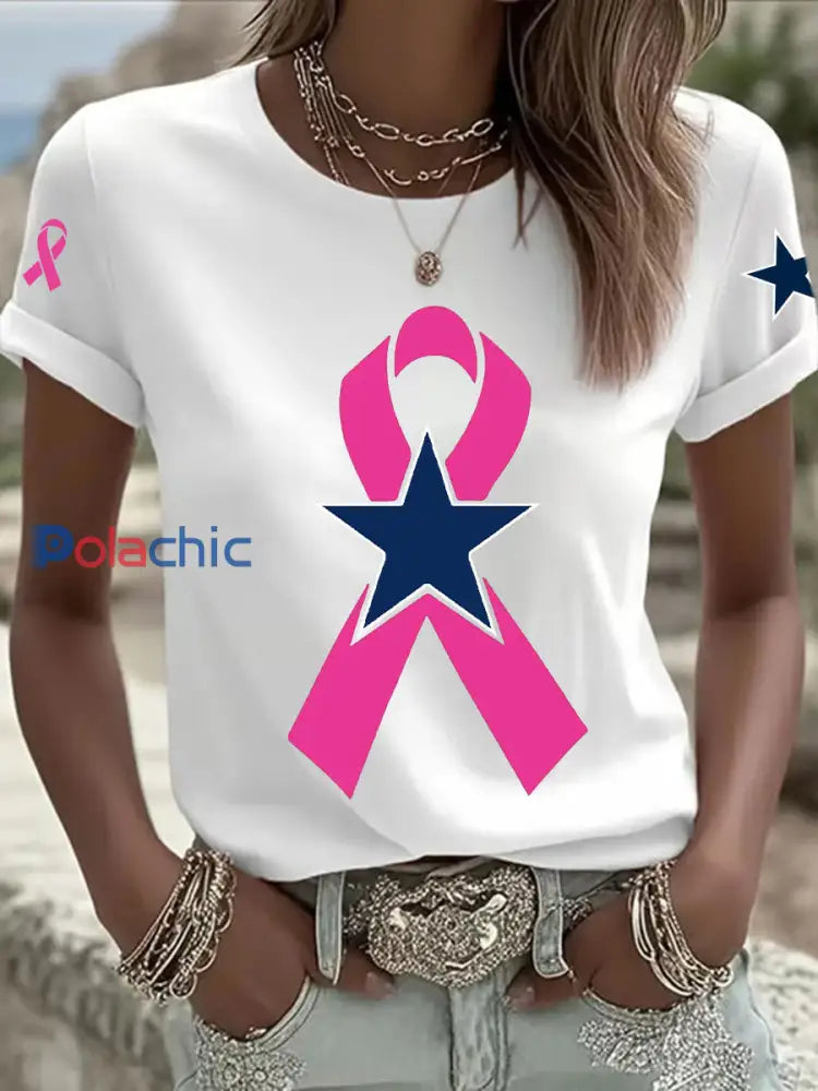 Sensibilisation au cancer du sein T-shirt décontracté imprimé pour femmes Blanc / S