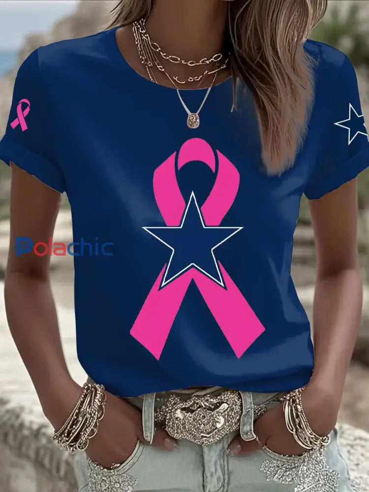 Sensibilisation au cancer du sein T-shirt décontracté imprimé pour femmes Bleu Marine / S