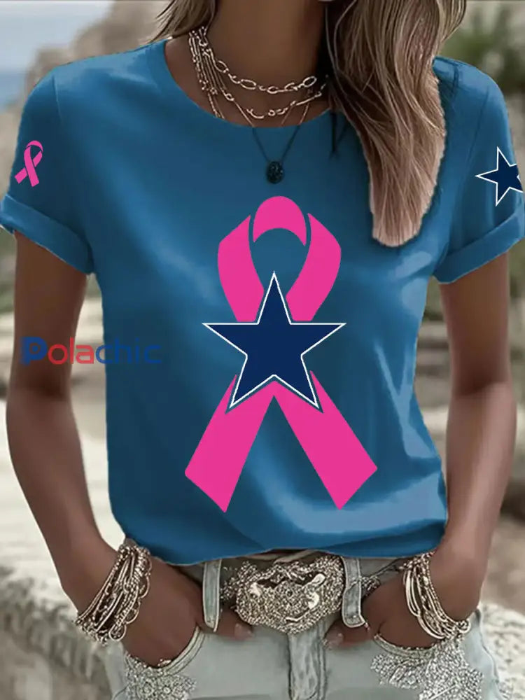 Sensibilisation au cancer du sein T-shirt décontracté imprimé pour femmes Bleu / S