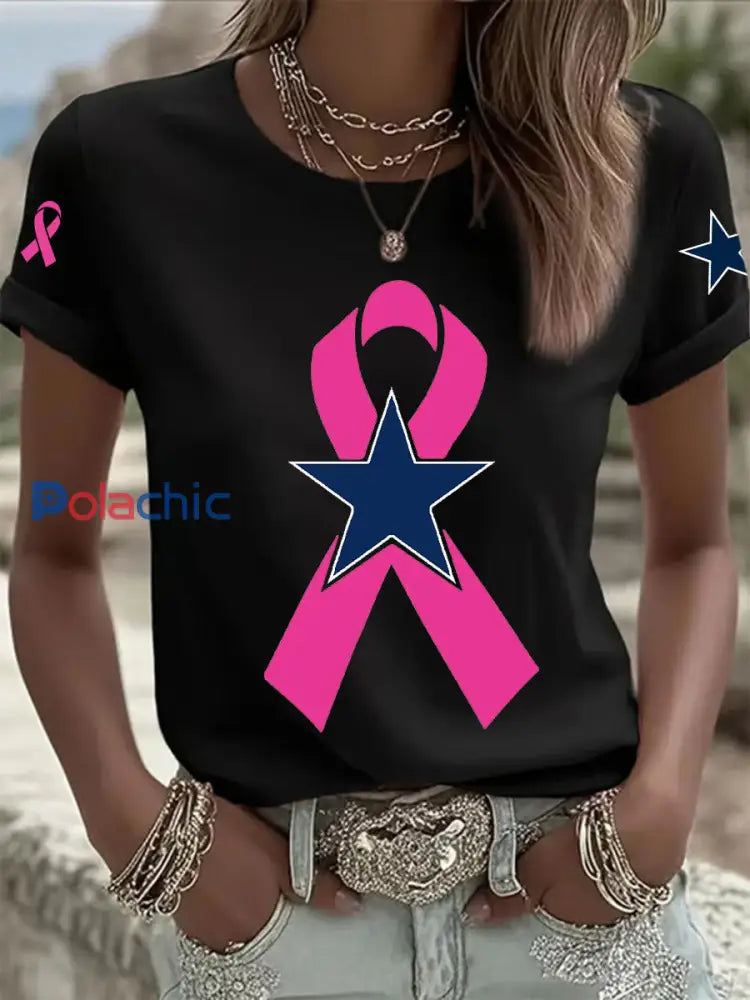 Sensibilisation au cancer du sein T-shirt décontracté imprimé pour femmes Noir / S