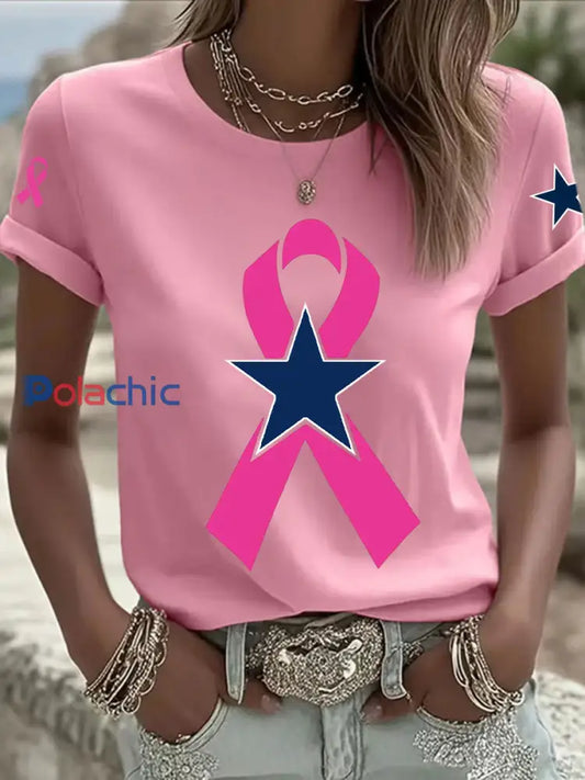 Sensibilisation au cancer du sein T-shirt décontracté imprimé pour femmes Rose / S