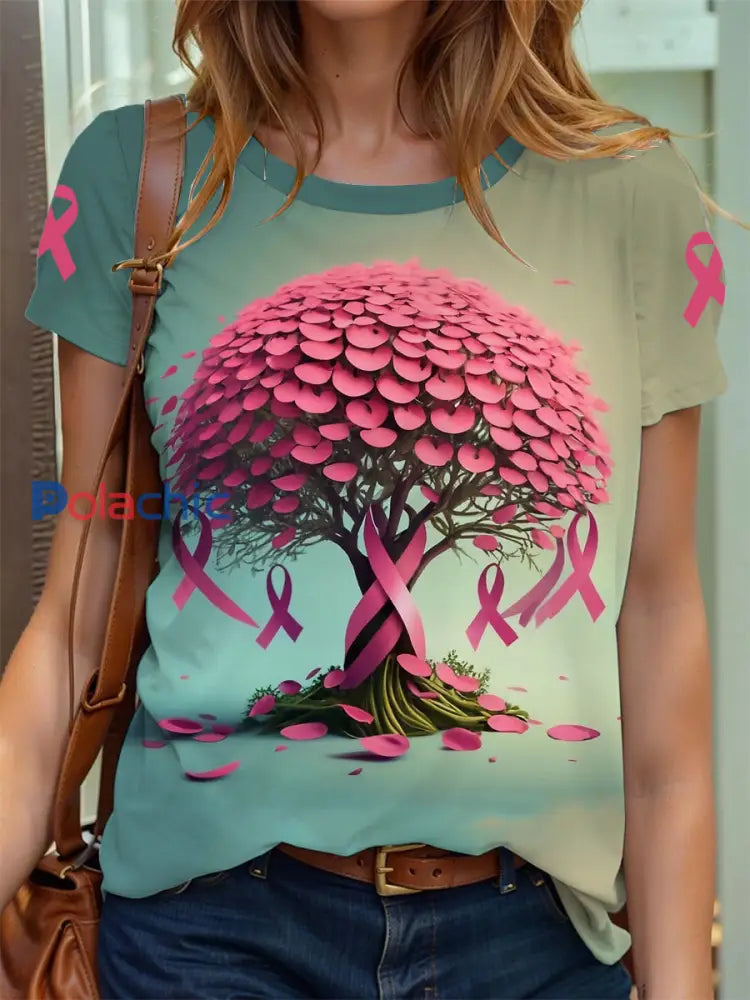 Sensibilisation au cancer du sein Tree of Life T-shirt imprimé ruban rose pour femmes comme image / S