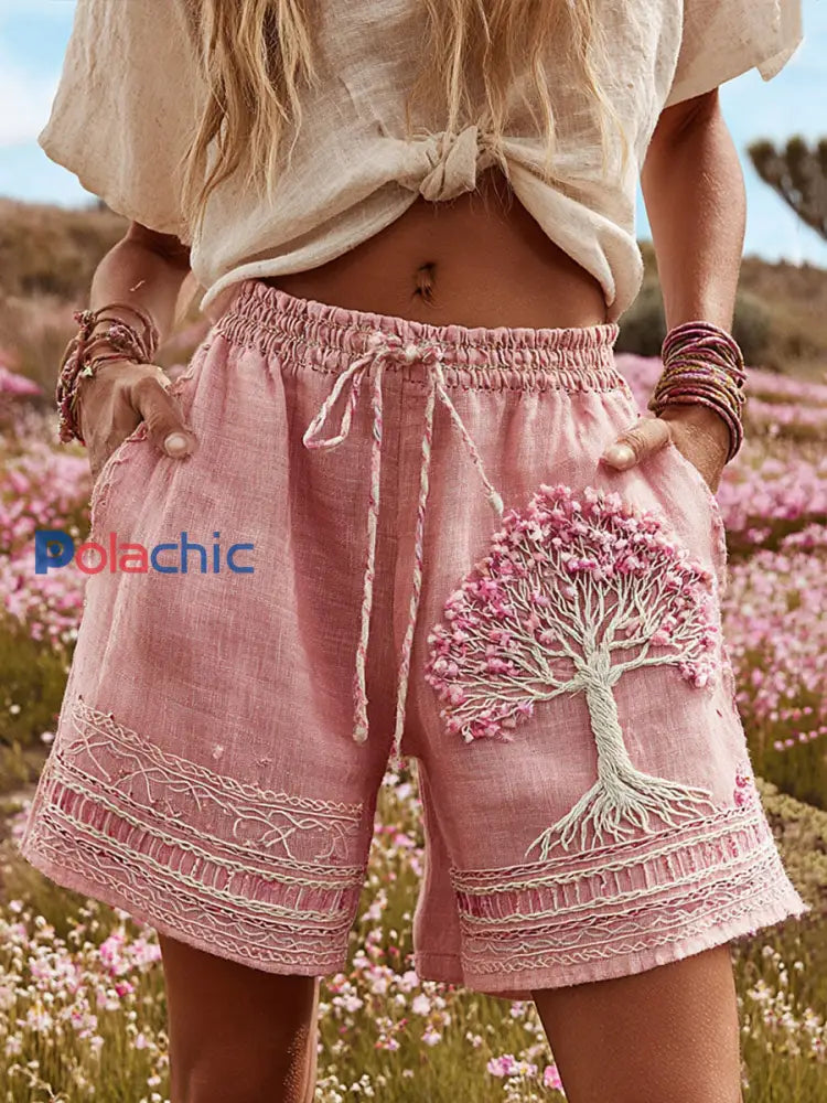 Short Femme Rose Imprimé Arbre de Vie Cancer Du Sein Rose / S