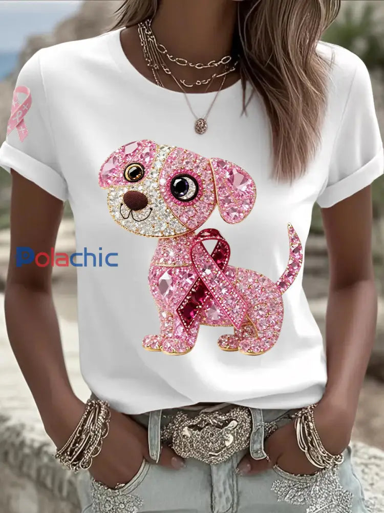 Soutien de la sensibilisation au cancer du sein pour femmes rose chien rose ruban imprimé à manches courtes haut Blanc