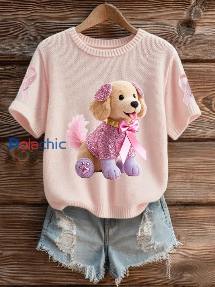 Soutien de la sensibilisation au cancer du sein pour femmes rose chien rose ruban imprimé à manches courtes haut rose